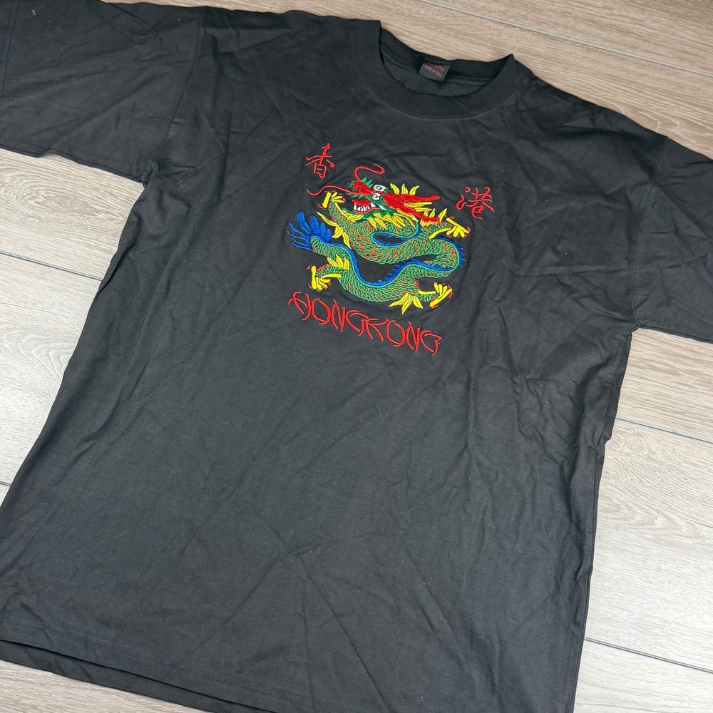 Hong Kong Mens T-Shirt Embroidered Dragon Graphic Black XXL